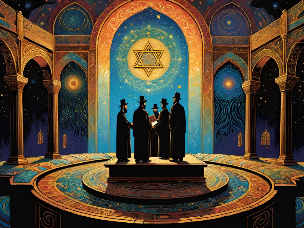 Jewish men standing in a circle in a synagogue